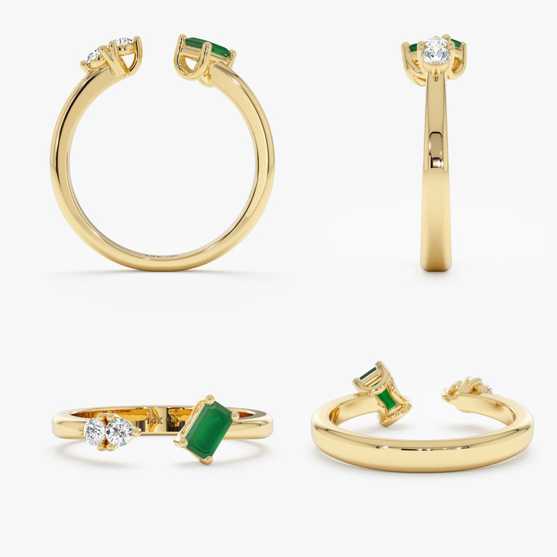 14k solid gold open ring with natural emerald and round diamonds