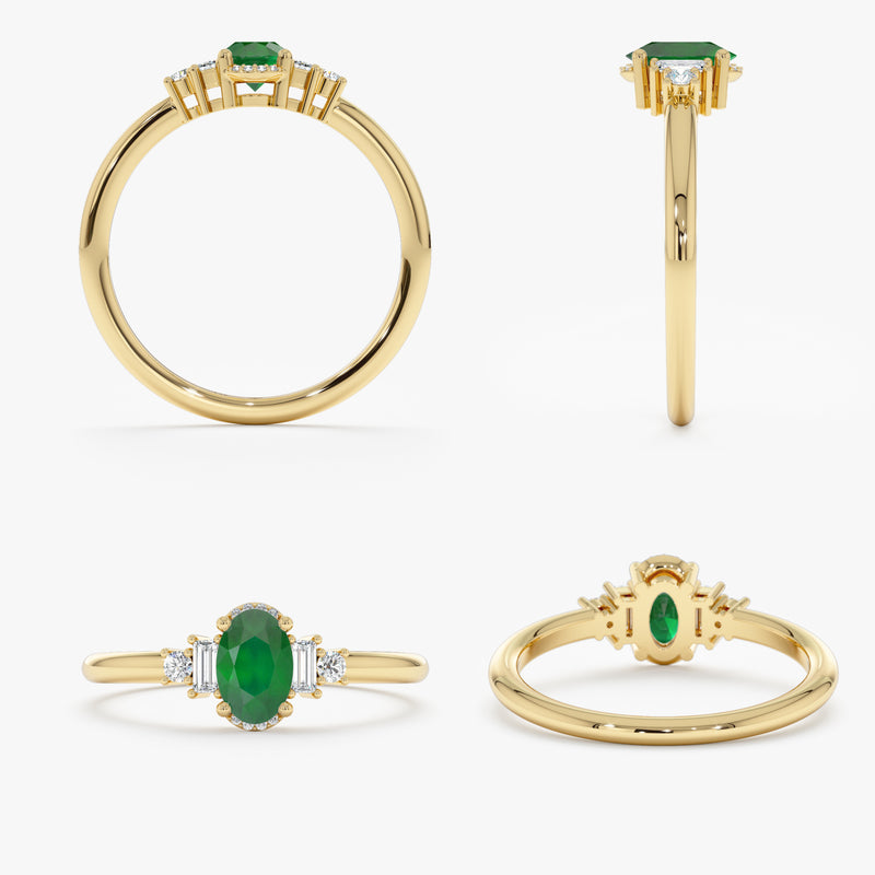 natural oval cut emerald ring with natural white diamonds in solid gold