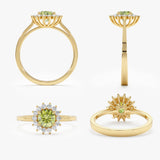 solid gold engagement ring with peridot and diamonds