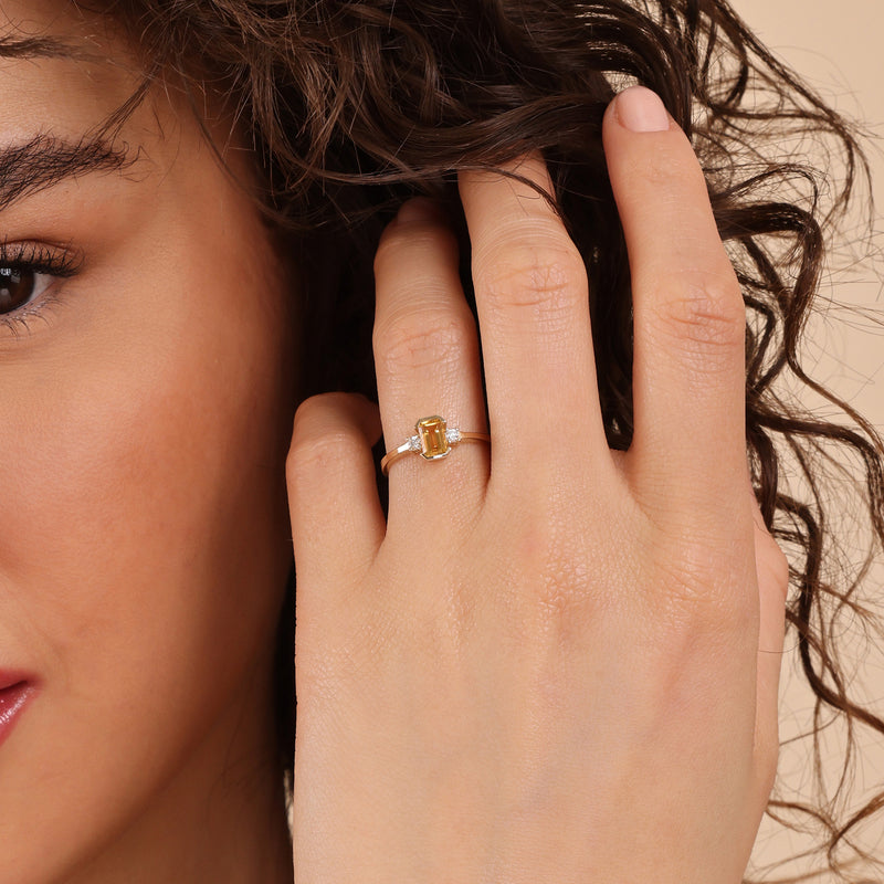 14k solid gold ring with natural citrine and diamond 