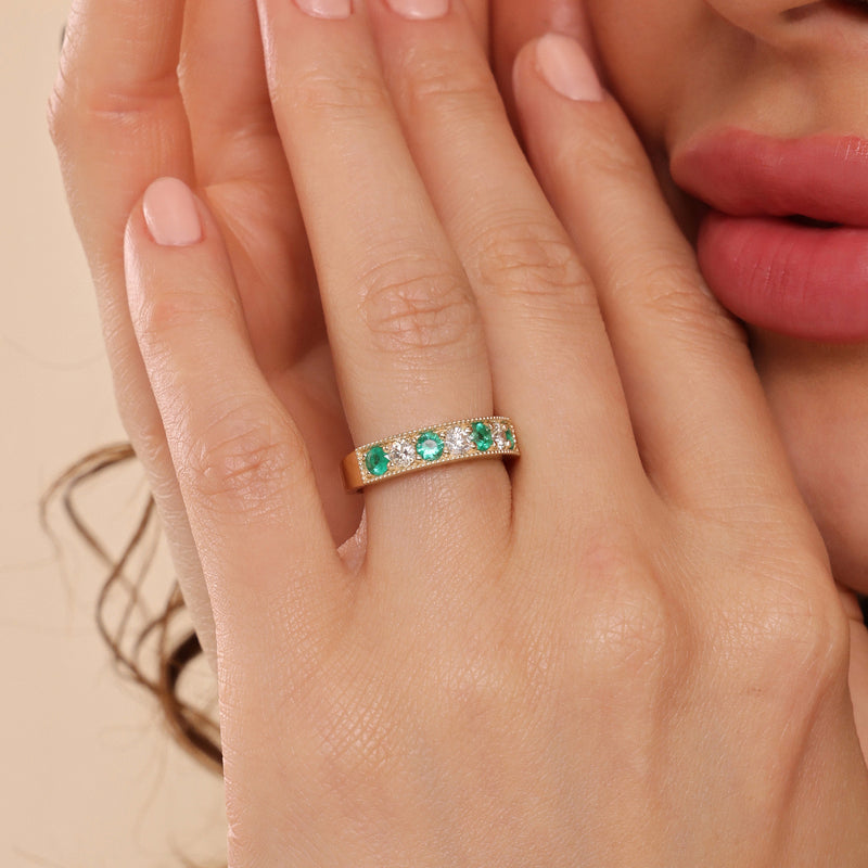 dainty genuine emerald and diamond milgrain band