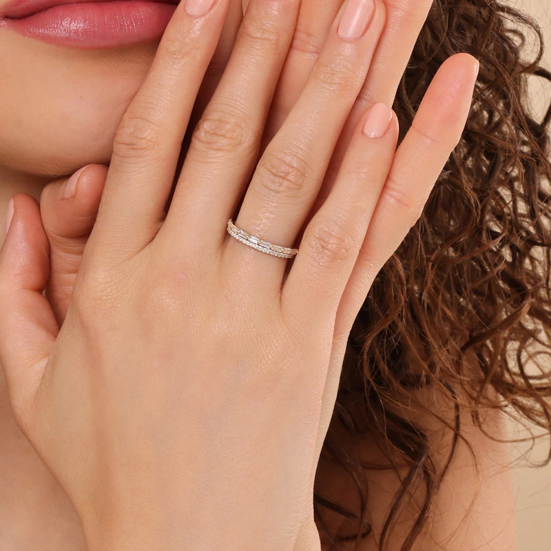 mixed diamond double band ring in 14k solid gold 