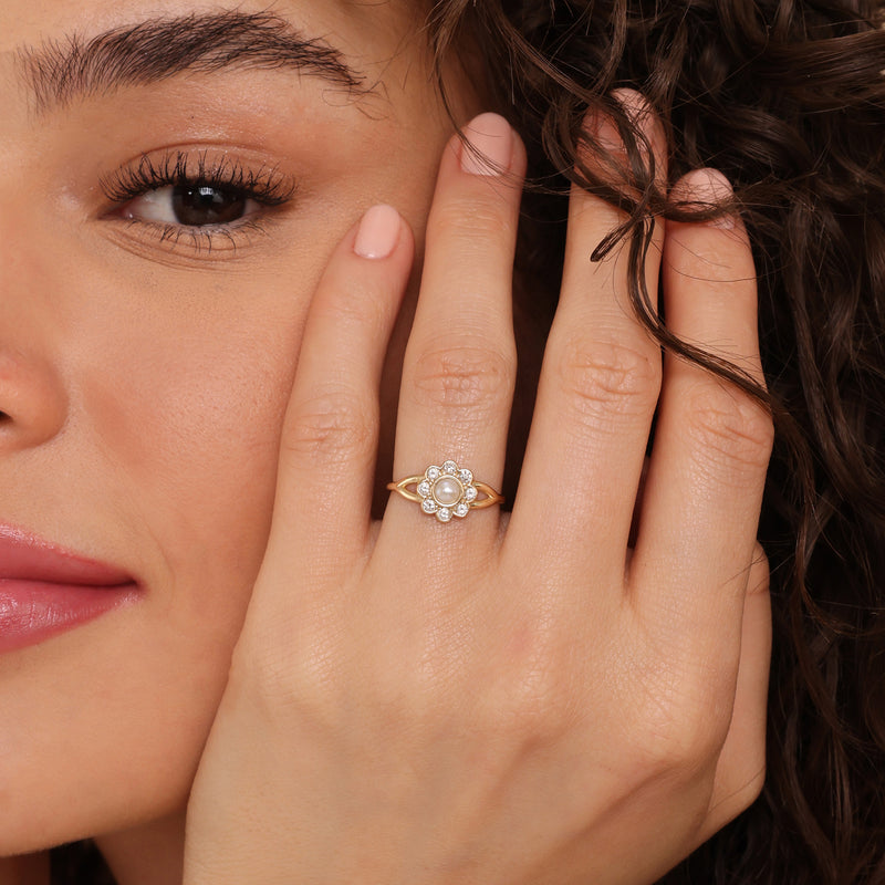 dainty cocktail ring with natural diamonds a solitaire pearl