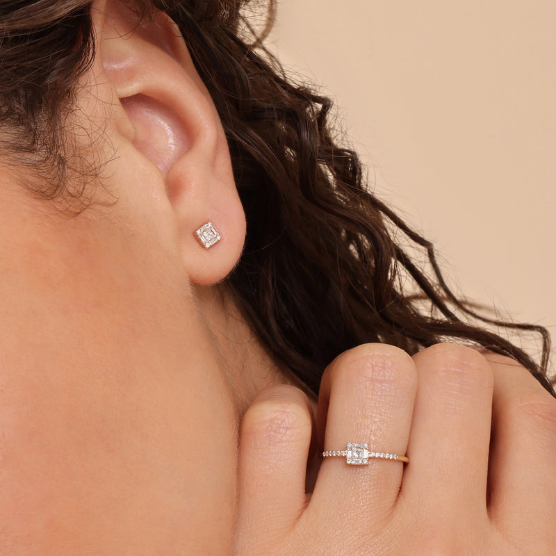 natural white diamond square engagement ring and stud earring