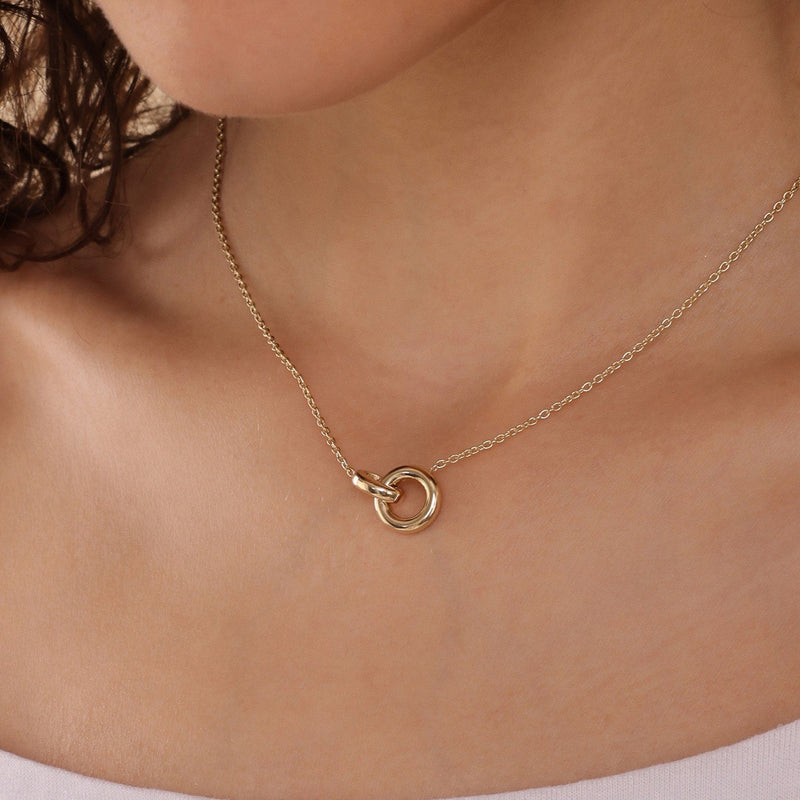 two 14k solid gold interlocking circle pendants  necklace for her 