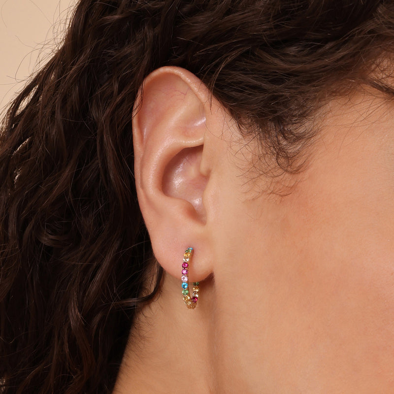 dainty sapphire hoop earrings in rainbow colors