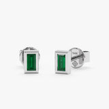 Pair of handmade 14k solid white gold baguette cut emerald stud earrings