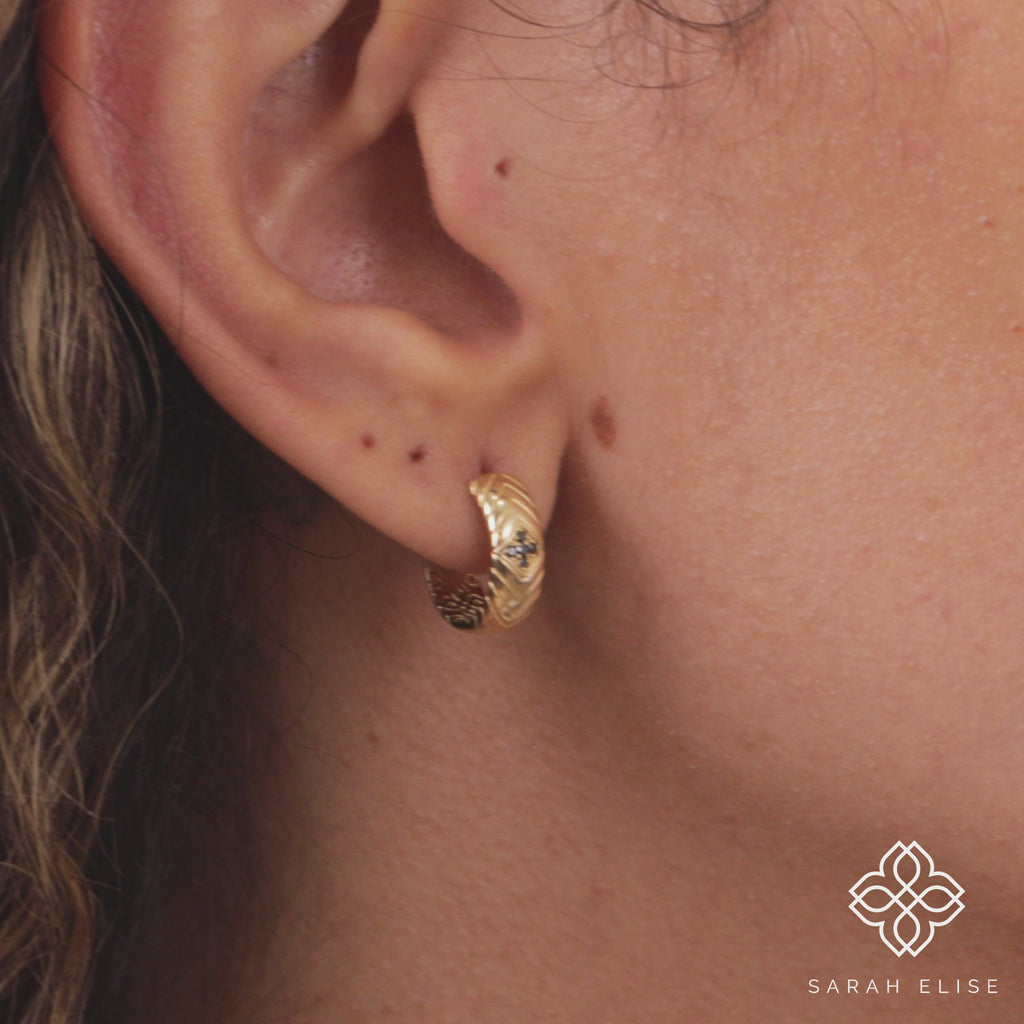 natural black diamond mini cross hoops in solid gold