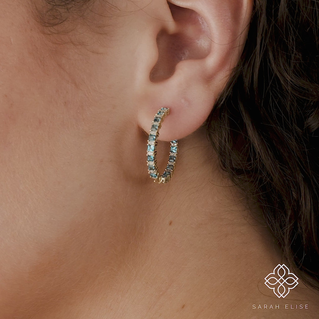 hoop earrings with blue topaz and natural white diamonds in 18k solid gold