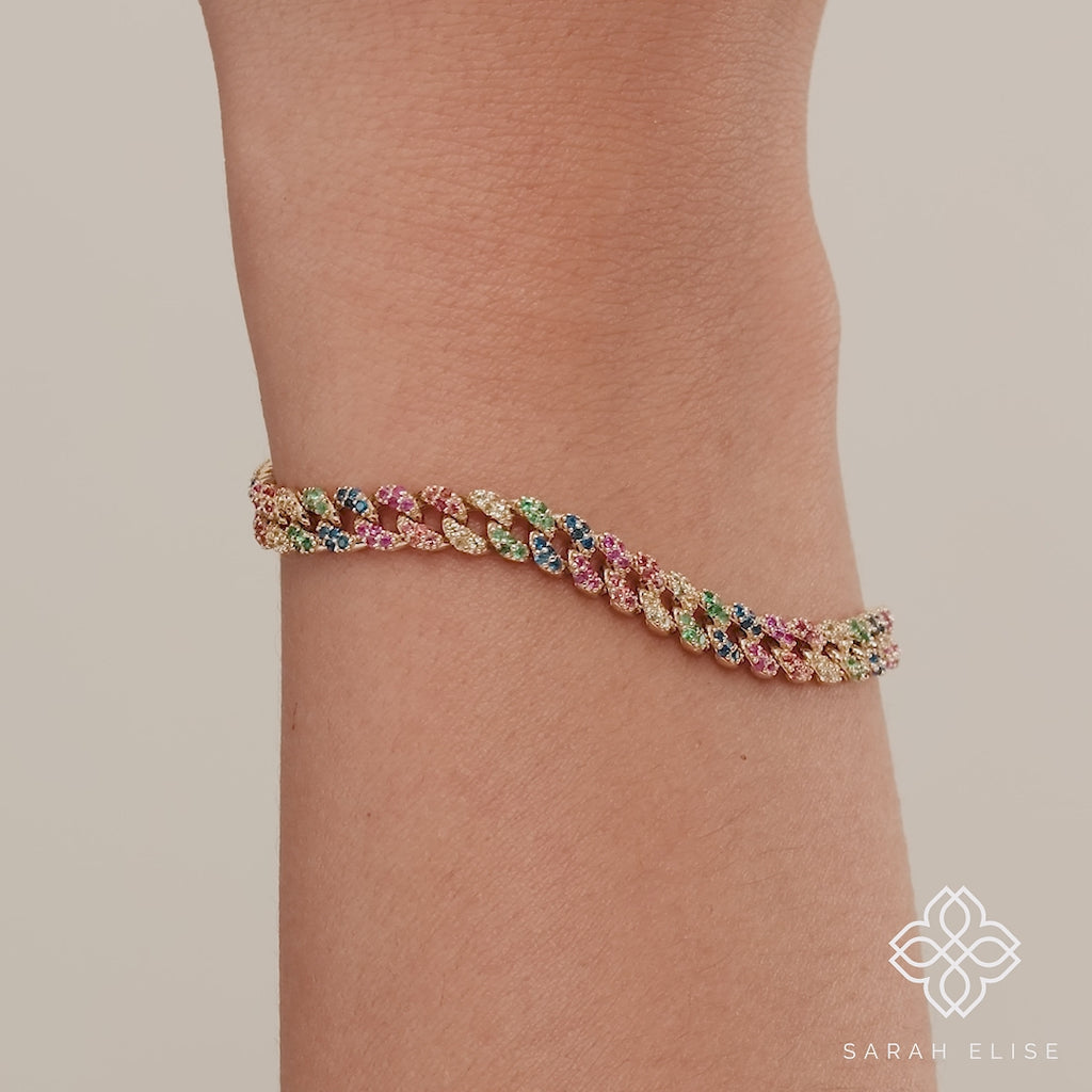 14k gold Cuban chain bracelet with genuine rainbow sapphires