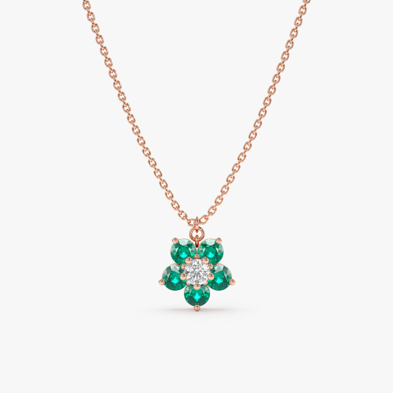 rose gold flower charm necklace with emeralds and diamond