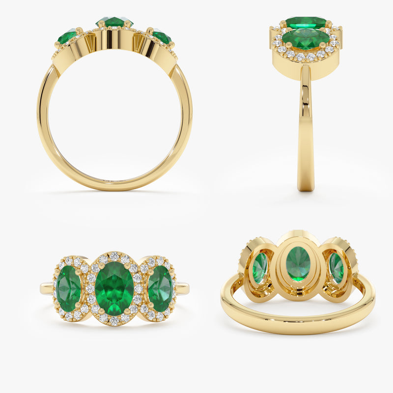 solid gold emerald ring with diamond halo