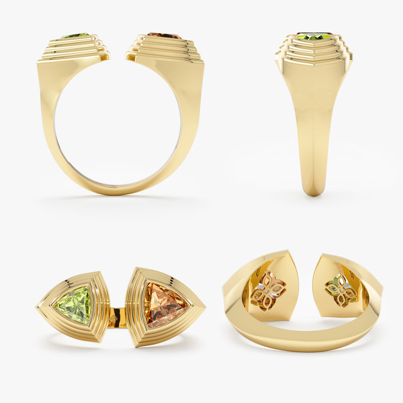 solid gold peridot and citrine trillion cut ring