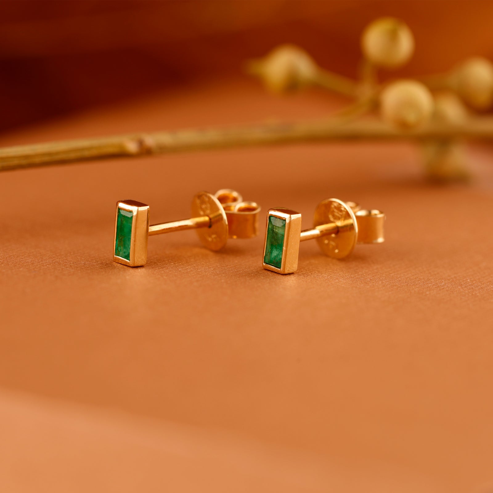 14K Solid Yellow Gold Natural Baguette Shape Zambia Emerald & Ruby store Gemstone Bar Stud Earrings Handmade Minimalist Jewelry