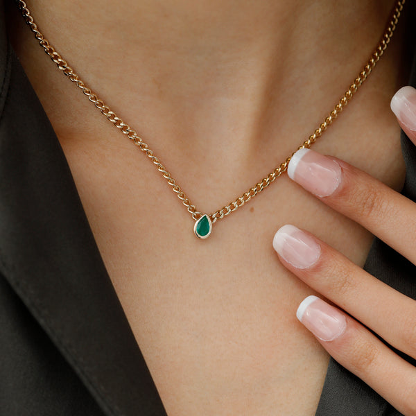 dainty natural Emerald Gold Cuban Chain Necklace