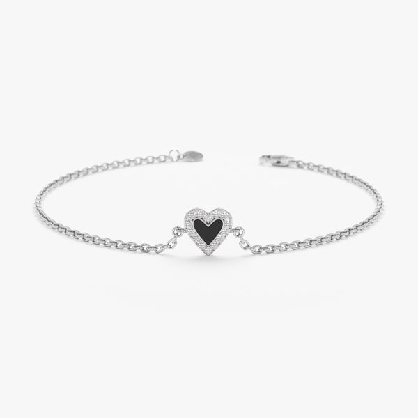 White Gold Diamond and Black Enamel Heart Bracelet