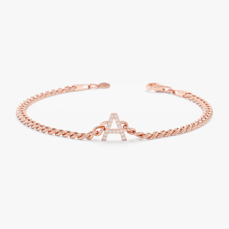 Rose Gold Diamond Initial Cuban Chain Bracelet