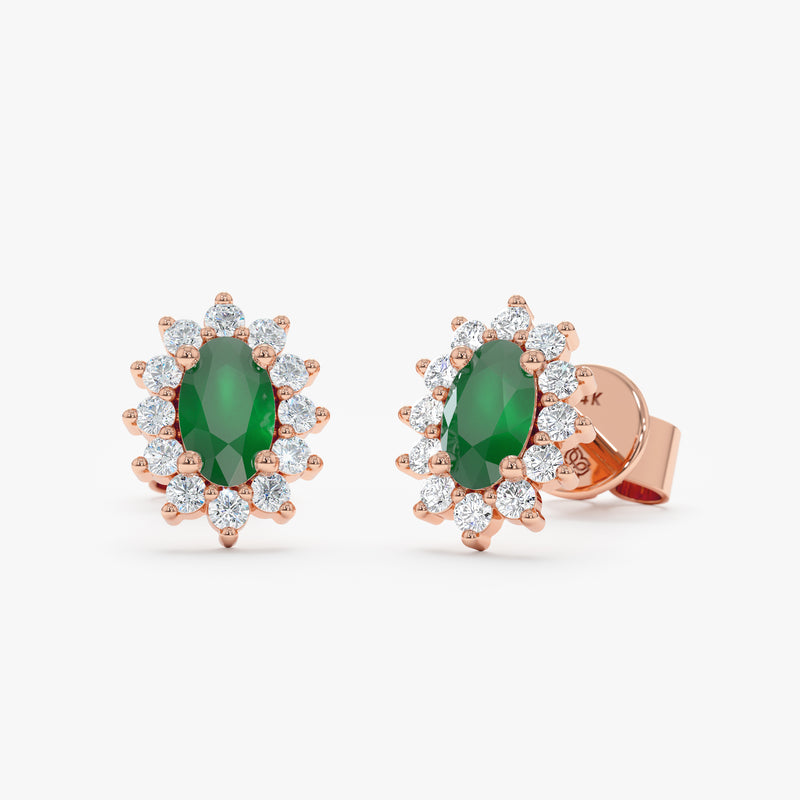handmade solid 14k Rose Gold oval cut Emerald Diamond stud Earrings