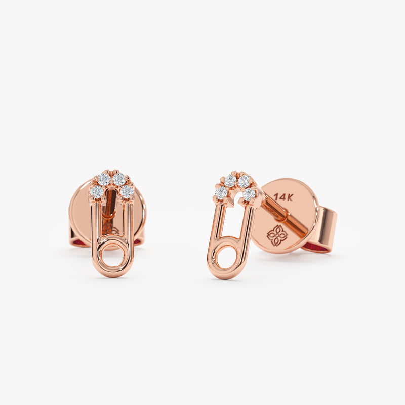 Rose Gold Diamond Safety Pin Earrings