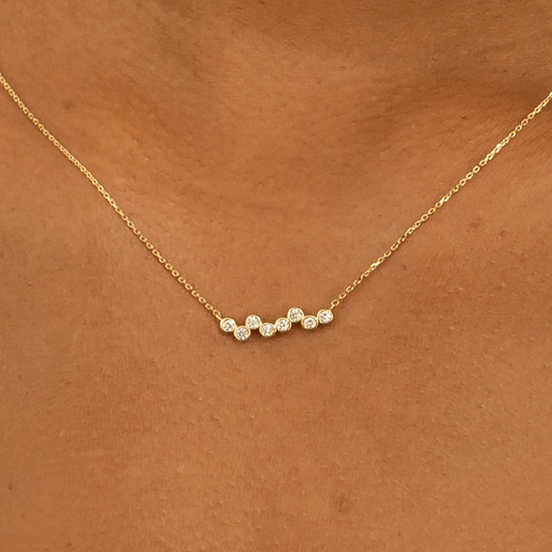 Round Bezel Diamonds on dainty solid gold necklace