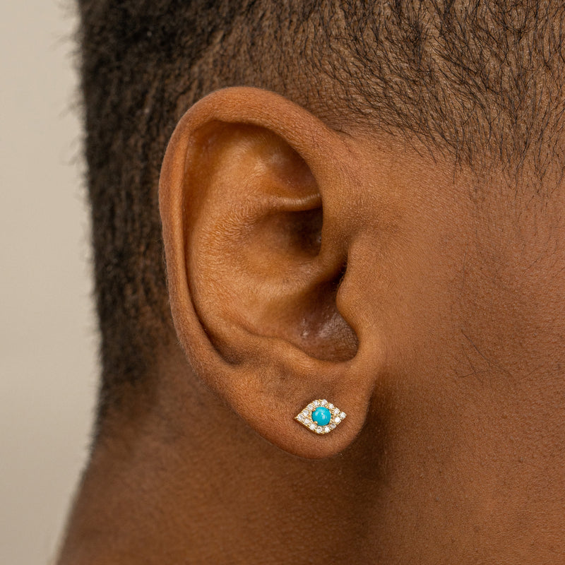 Minimalist Evil Eye Studs with Turquoise Gemstone and paved diamonds