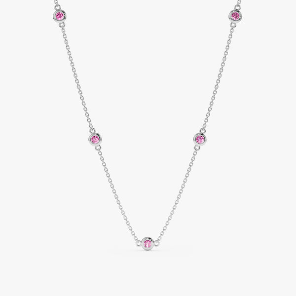 14k White Gold natural Pink Sapphire Station Necklace