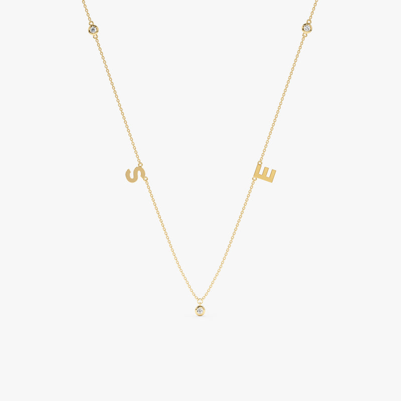 Yellow Gold Initials with Bezel Diamonds Necklace