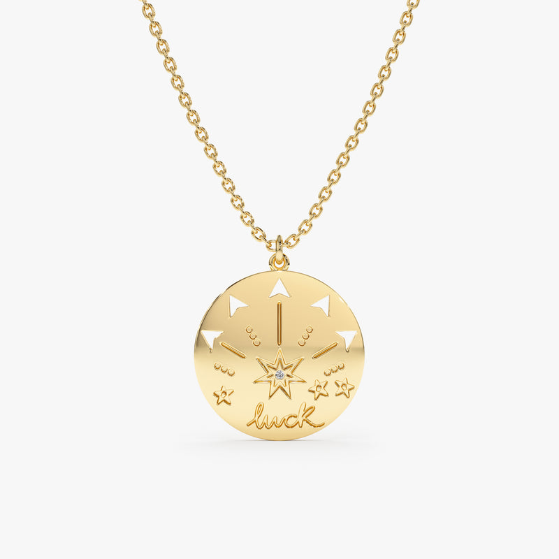 Yellow Gold Engravable Luck charm with natural diamond  Necklace