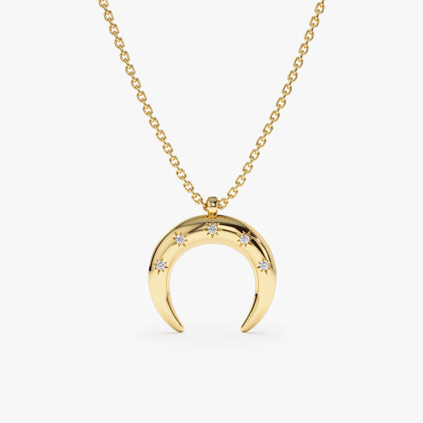 solid Yellow Gold Diamond Crescent pendant Necklace