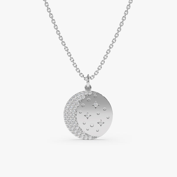 White Gold Diamond Moon and Stars Necklace