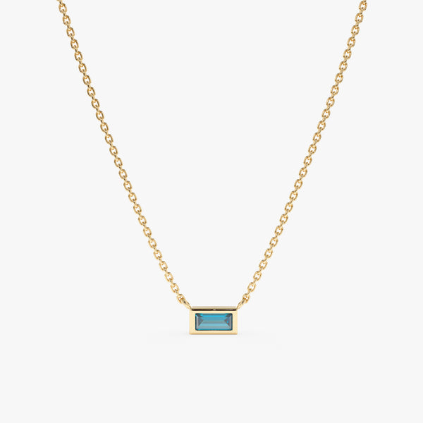 Yellow Gold Baguette Blue Topaz Necklace