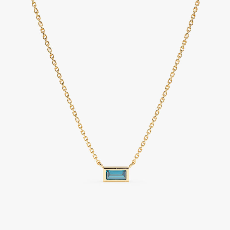 Yellow Gold Baguette Blue Topaz Necklace