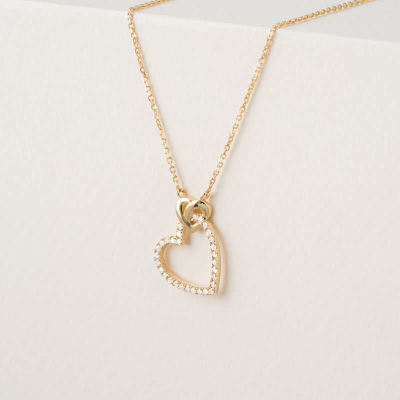 Double Heart lined Diamond pendant Necklace in solid gold