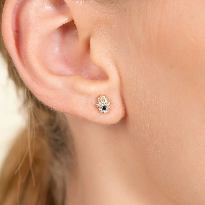 Petite blue Sapphire Hamsa Hand Earri0ng stud for her