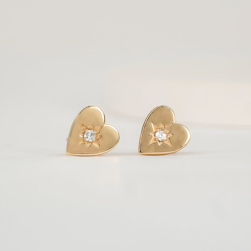 Handmade Gold Diamond Heart Stud with single diamond