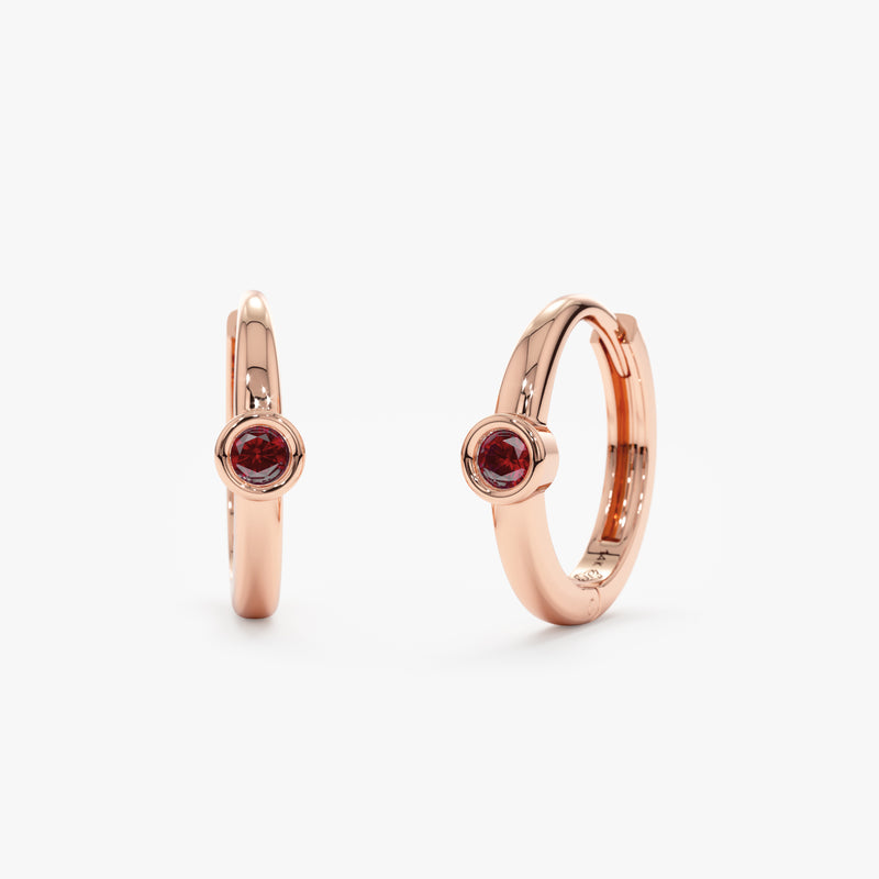 Pair of handmade solid 14k Rose Gold Ruby Huggies