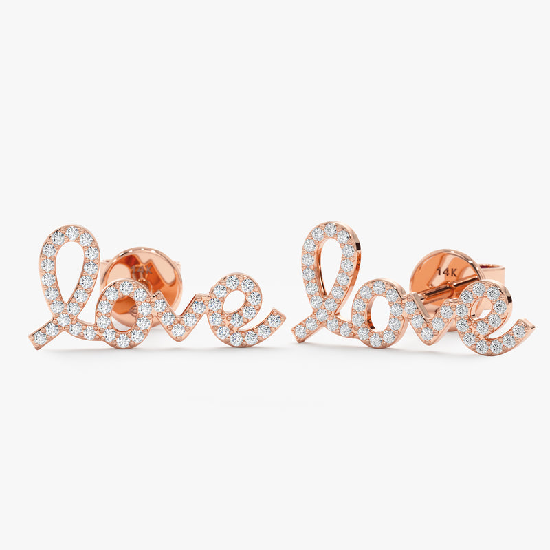 Handmade pair of 14k solid Rose Gold and Diamond Love Stud Earrings