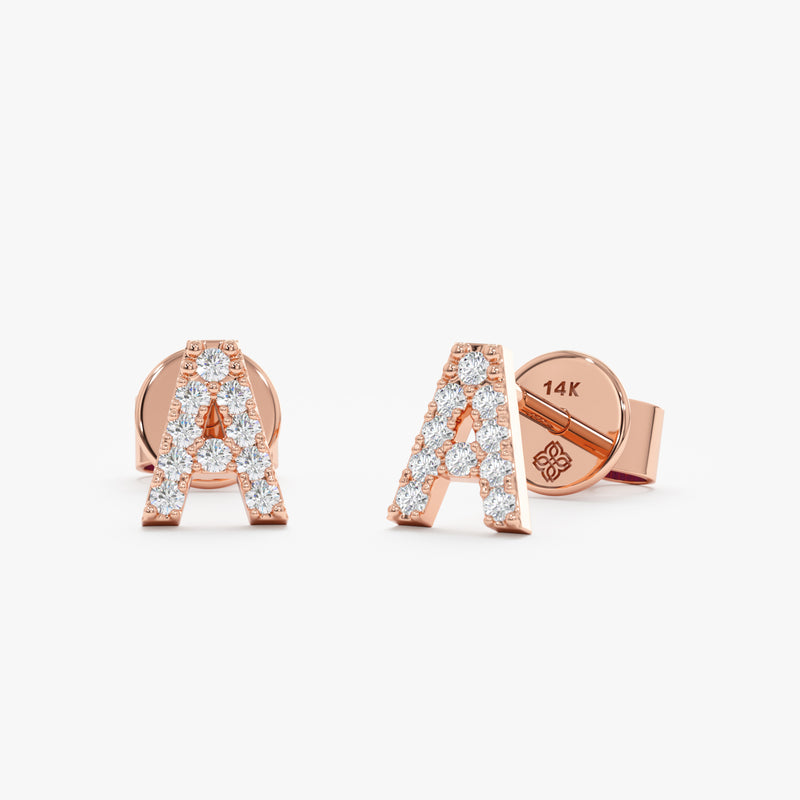 handcrafted 14k solid rose gold capital letter stud earrings with diamonds