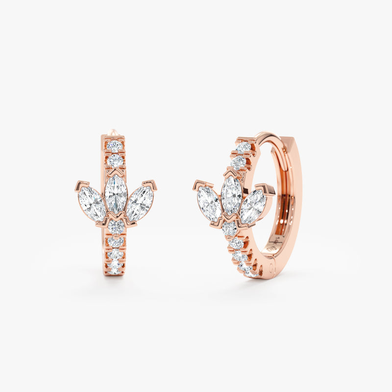 Handmade pair of 14k solid Rose Gold Marquise Diamond Huggie earrings