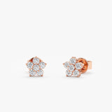 Handmade pair of solid 14k Rose Gold Diamond Flower stud Earrings