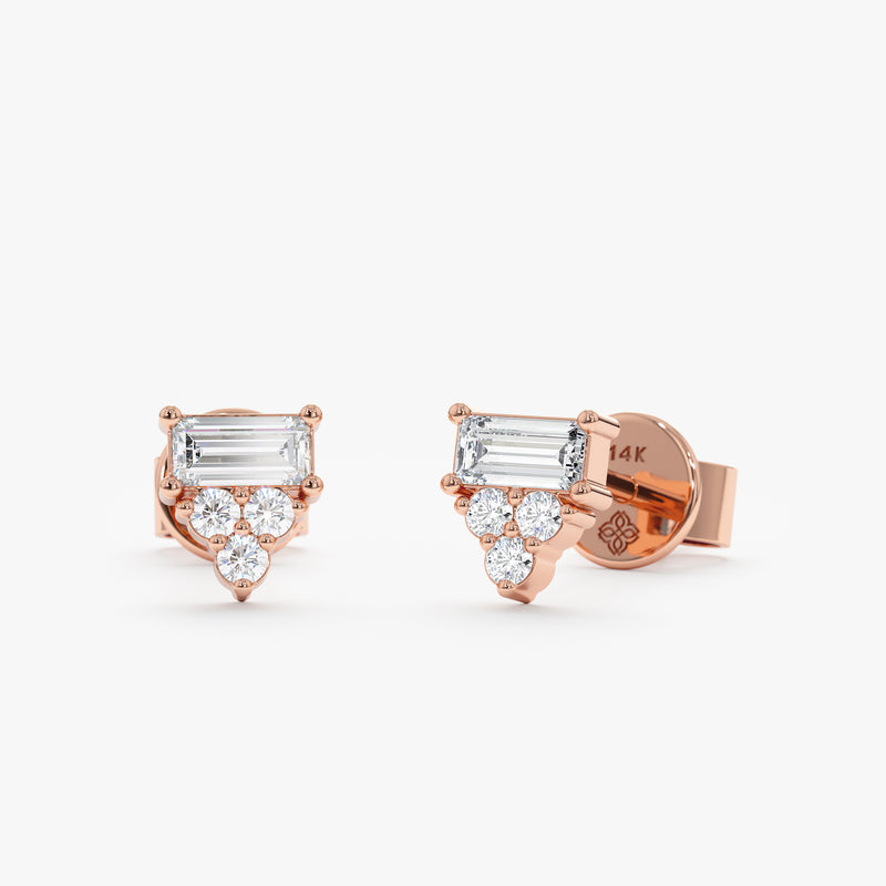 handmade pair of solid 14k Rose Gold baguette Diamond cluster stud Earrings