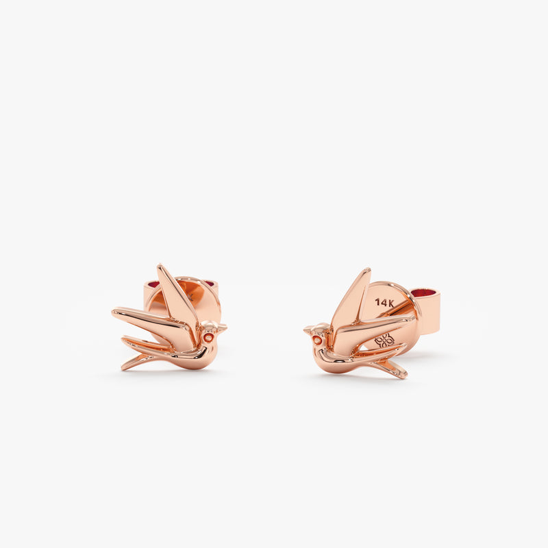 Pair of solid 14k Rose Gold Swallow Bird Earring studs