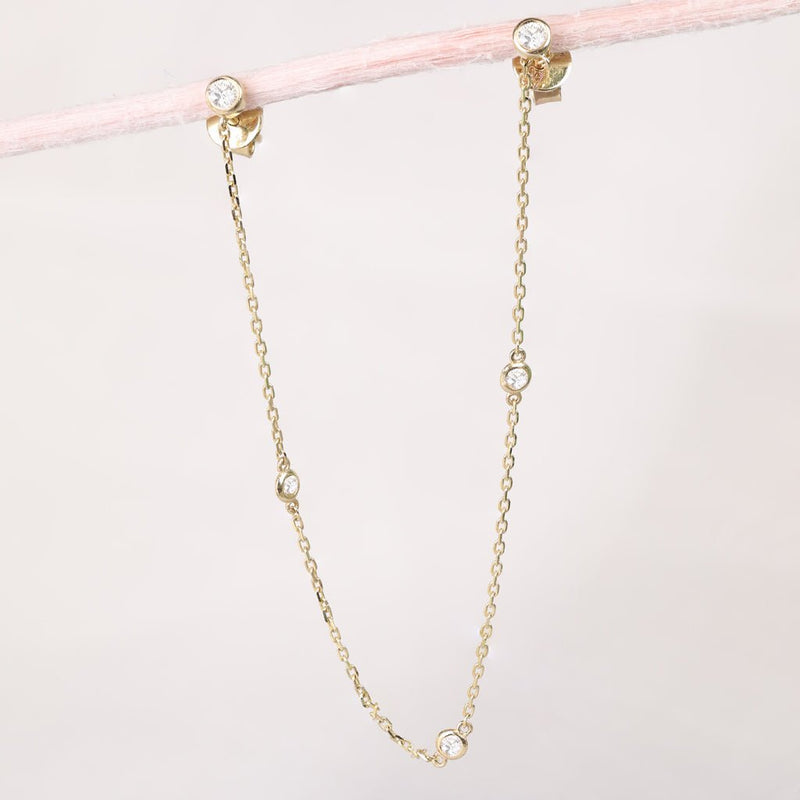 Minimalist Dangling Chain Earring studs with multiple diamonds 