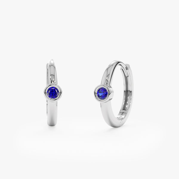 Pair of handmade solid 14k White Gold with blue Sapphire Huggies