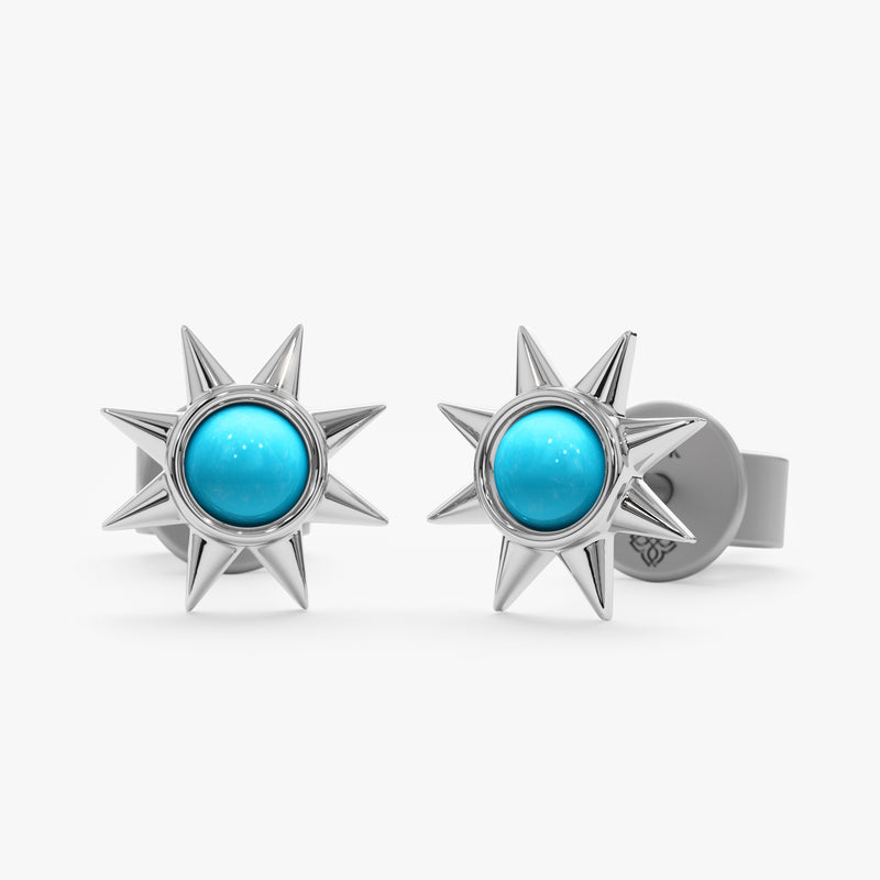 handcrafted pair of solid 14k white gold natural turquoise stud earrings