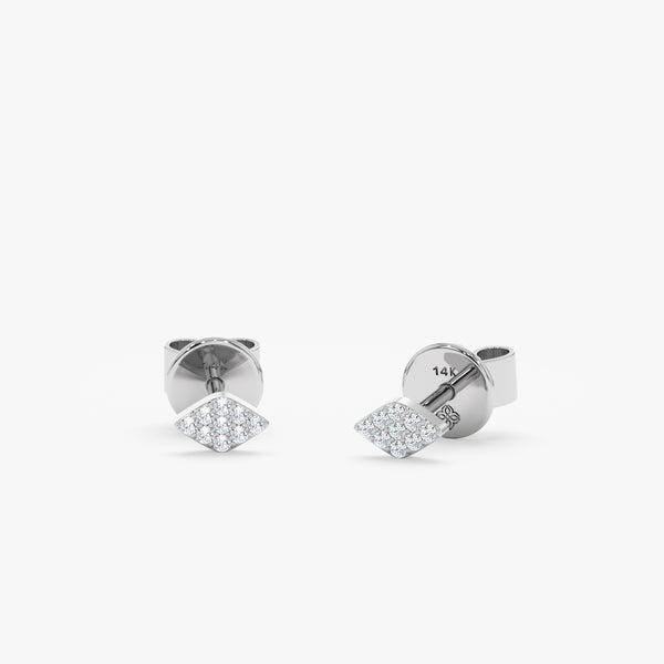 handcrafted pair of solid 14k white gold stud earrings in diamond shape with paved diamonds