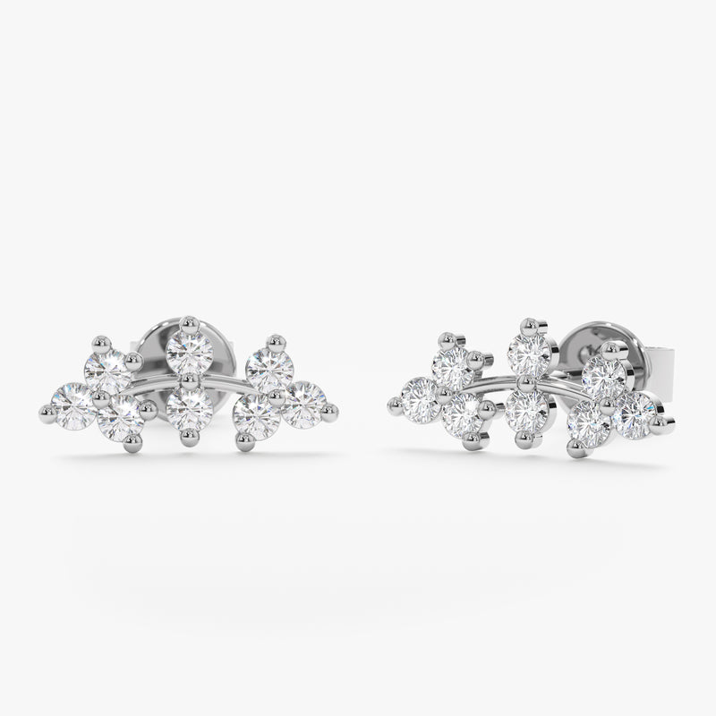 handcrafted solid 14k white gold ear climber studs with vine design in multiple diamonds