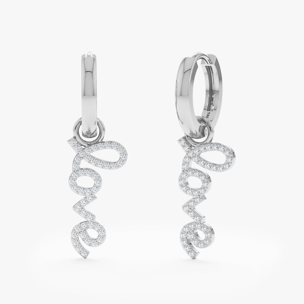 Pair of solid 14k White Gold Dangling Love Huggie Earrings