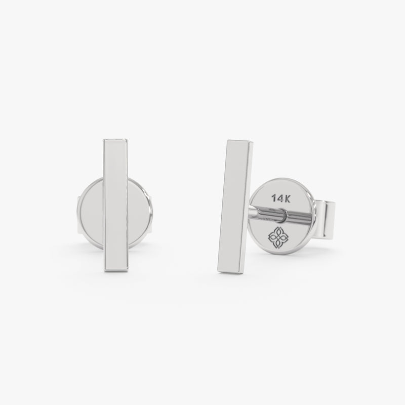 handcrafted pair of solid 14k white gold bar stud earrings