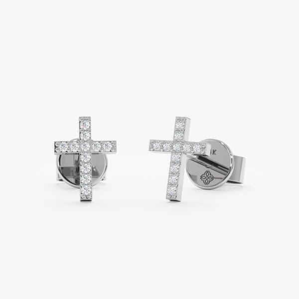 handmade cross stud earrings in solid white gold with natural diamonds